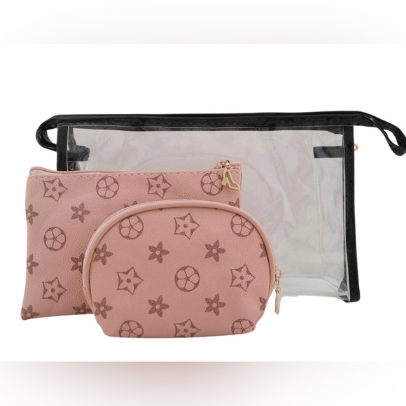 Other - Makeup clear & Faux leather 3PC zipper pouch set